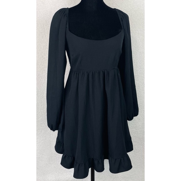 ABERCROMBIE & FITCH • Black Ruffle-Trim Long Sleeve Babydoll Mini Dress - Picture 11 of 16